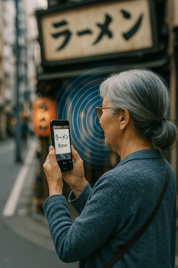 Frau beim Einsatz von Übersetzungssoftware am Smartphone_KI-Pension