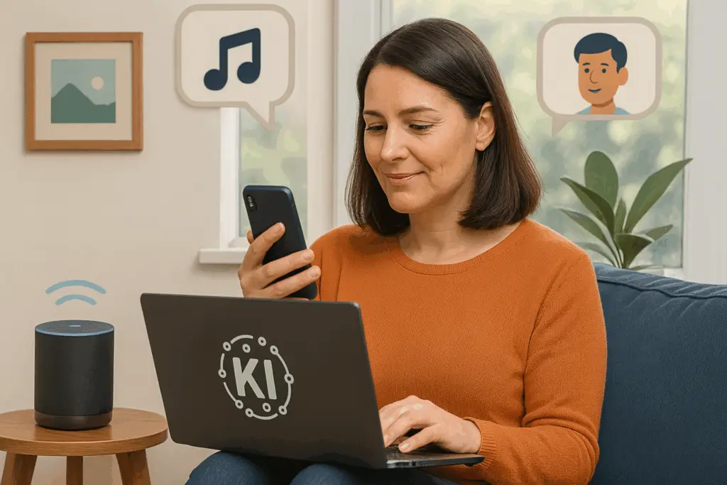 Frau beim Einsatz von KI Tools auf verschiedenen Geräten_KI-Pension